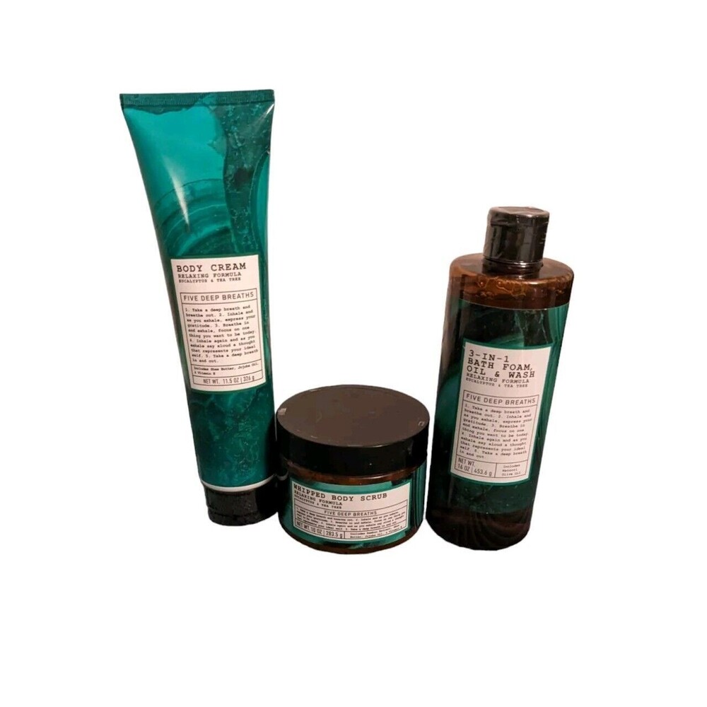 Five Deep Breaths Eucalyptus & Tea Tree Bath Set - Wash, Scrub, Body Cream - NEW